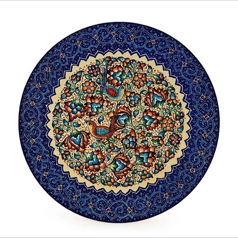 Handcrafted Persian Garden Minakari Plate featuring intricate floral patterns and nightingales, symbolizing the rich heritage of Isfahan.