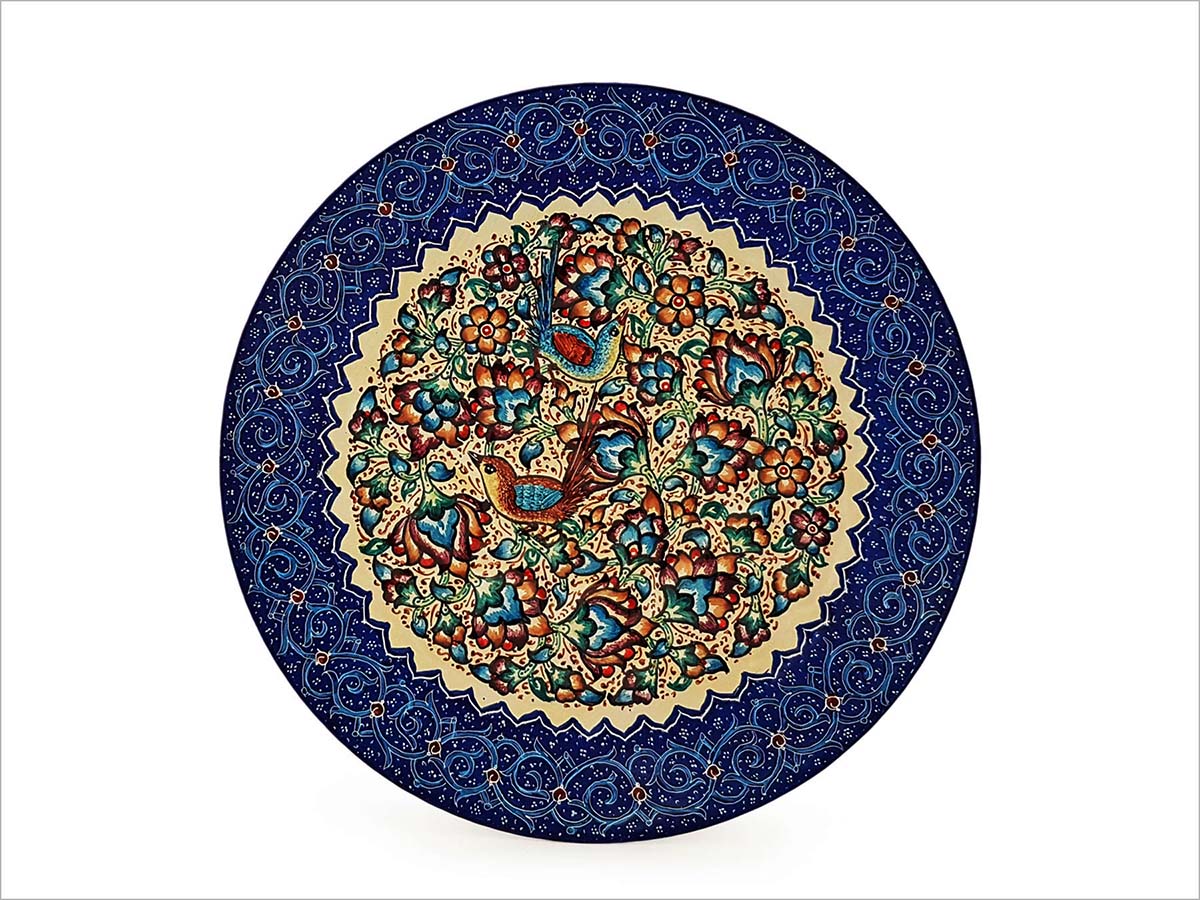 Handcrafted Persian Garden Minakari Plate featuring intricate floral patterns and nightingales, symbolizing the rich heritage of Isfahan.