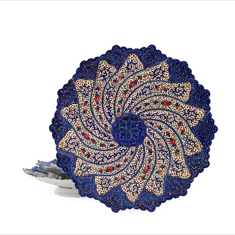 Image showcasing a set of three Persian Enamel Plates of varying sizes, intricately designed with traditional arabesque patterns and floral motifs.