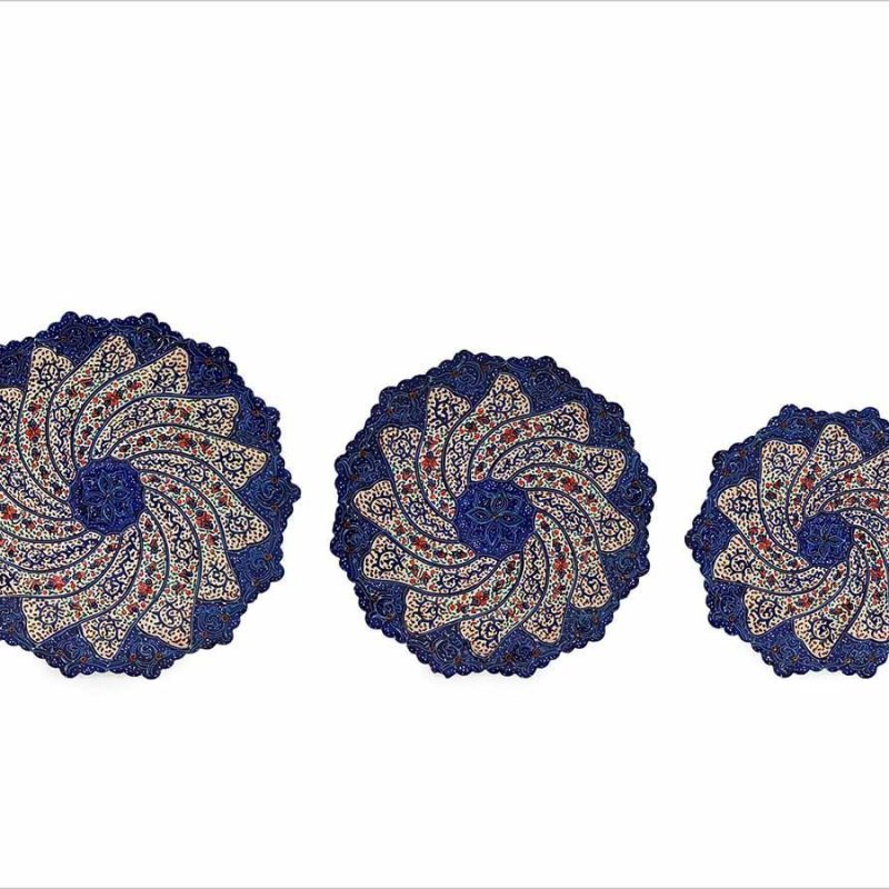 Image showcasing a set of three Persian Enamel Plates of varying sizes, intricately designed with traditional arabesque patterns and floral motifs.