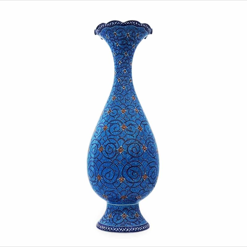 Handcrafted Persian enamel vase with azure blue finish and intricate Islimi pattern from Isfahan