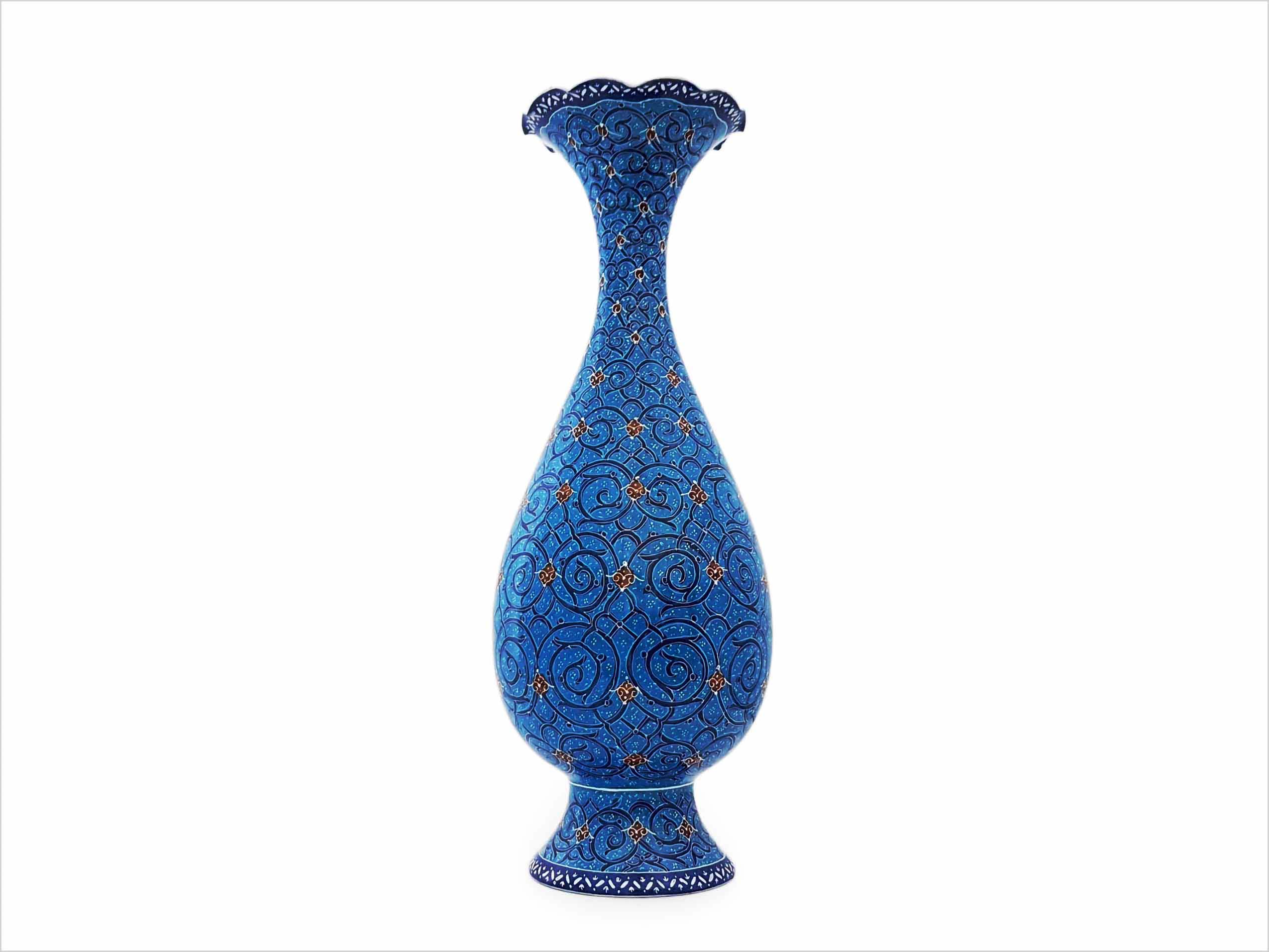 Handcrafted Persian enamel vase with azure blue finish and intricate Islimi pattern from Isfahan