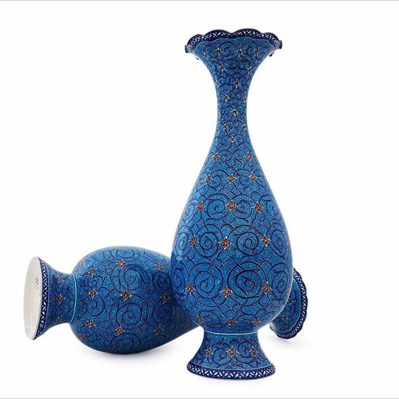 Handcrafted Persian enamel vase with azure blue finish and intricate Islimi pattern from Isfahan.