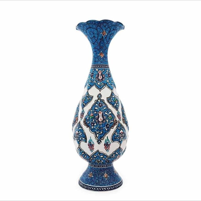 A meticulously crafted 20 cm Persian Enamel Vase, showcasing rich enamelling against a gleaming copper backdrop.