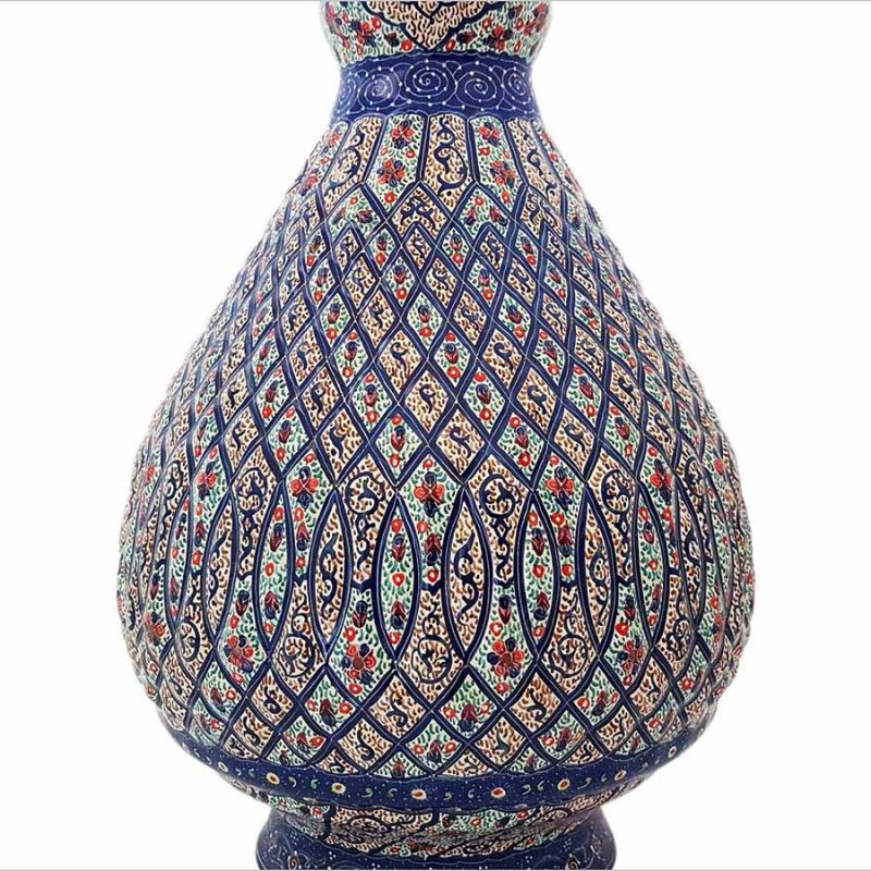 Tall Persian enamel vase with Arabesque floral design, handcrafted from Isfahan, showcasing the art of enamelling on copper.