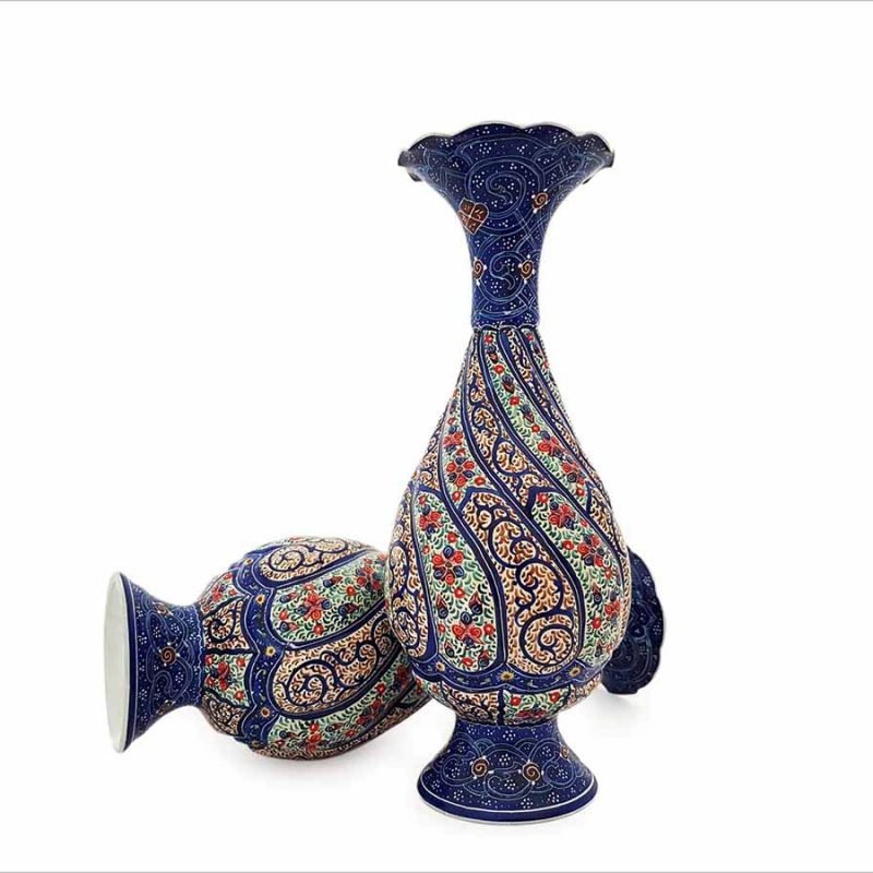 Persian Enamel (Minakari) Decorative Table Vase Is Made Of Copper And Has 16cm Height. The Rich And Embossed Texture Of The Vases Are Adorned With Iconic Persian Floral And Foliage Motifs.