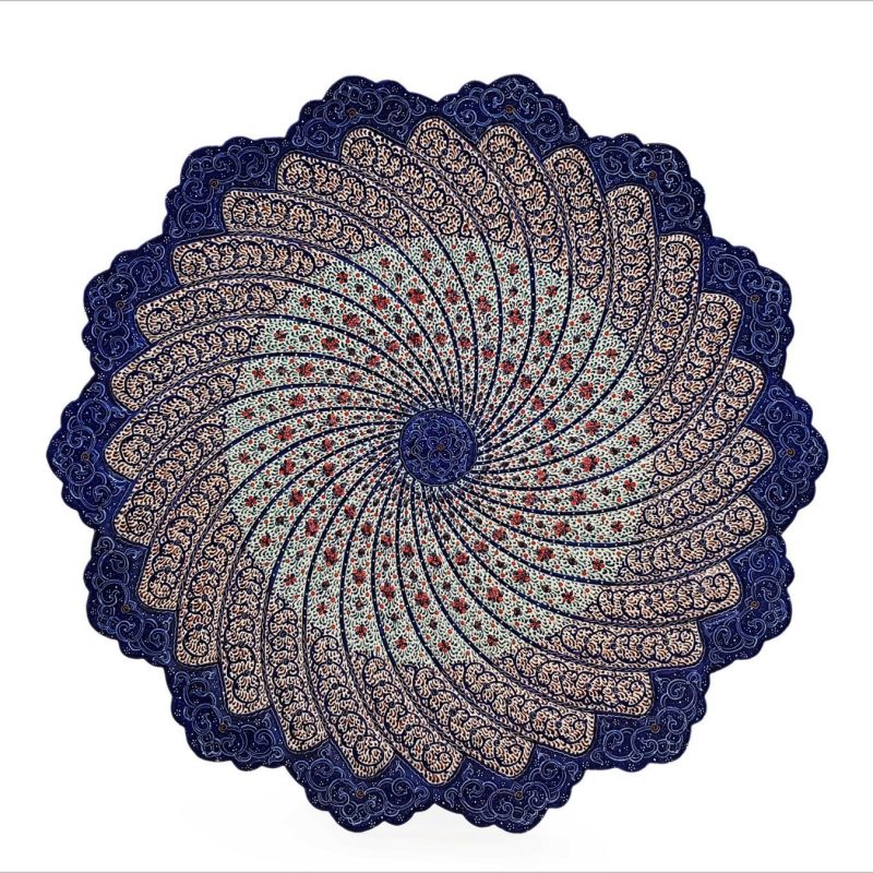 A beautifully crafted Handmade Persian Minakari Plate, compact at 16cm, adorned with a unique vortex floral pattern inspired by traditional Persian islimi motifs.