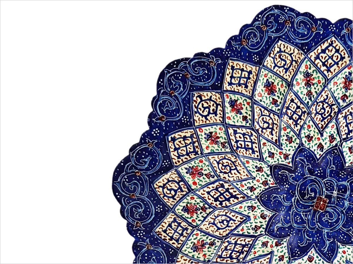 A 16cm Minakari Decorative Plate featuring exquisite arabesque and Islimi motifs in vibrant colours, reflecting the depth of Persian artistry.