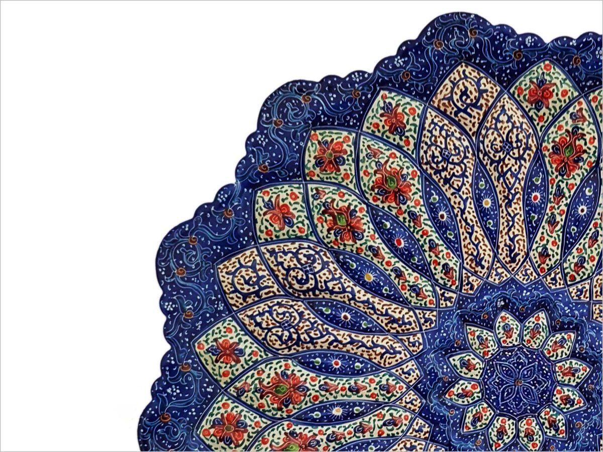 An exquisitely handcrafted 20cm Persian Enamel Plate featuring intricate arabesque and Islimi motifs with detailed floral and foliate designs.