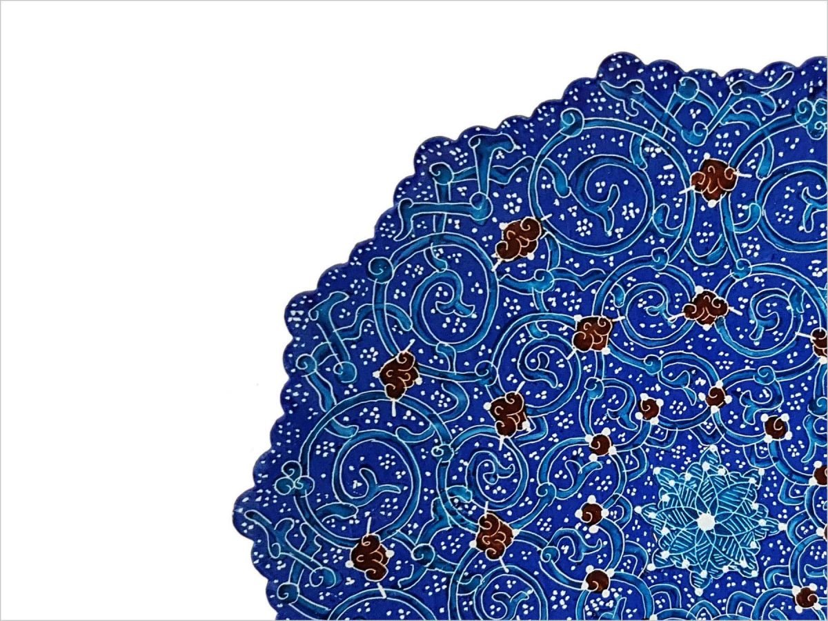 Set of three handcrafted Minakari plates in varying sizes, each adorned with intricate azure blue arabesque patterns.