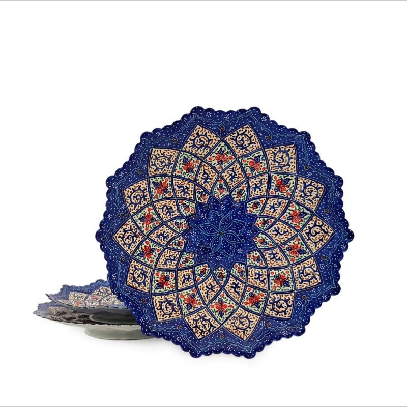 A trio of handcrafted Minakari plates displaying intricate Persian arabesque and floral patterns in an array of vibrant colors.