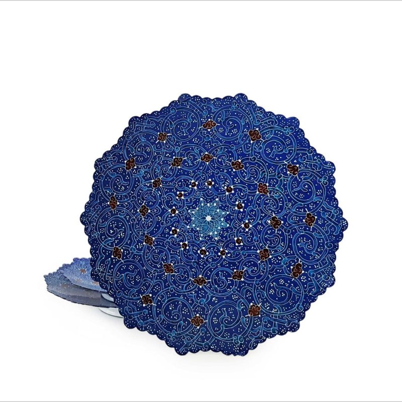 Set of three handcrafted Minakari plates in varying sizes, each adorned with intricate azure blue arabesque patterns.