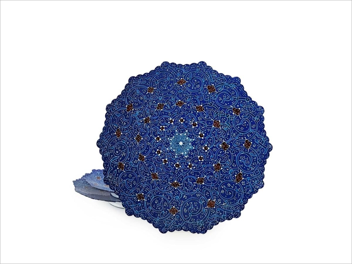 Set of three handcrafted Minakari plates in varying sizes, each adorned with intricate azure blue arabesque patterns.