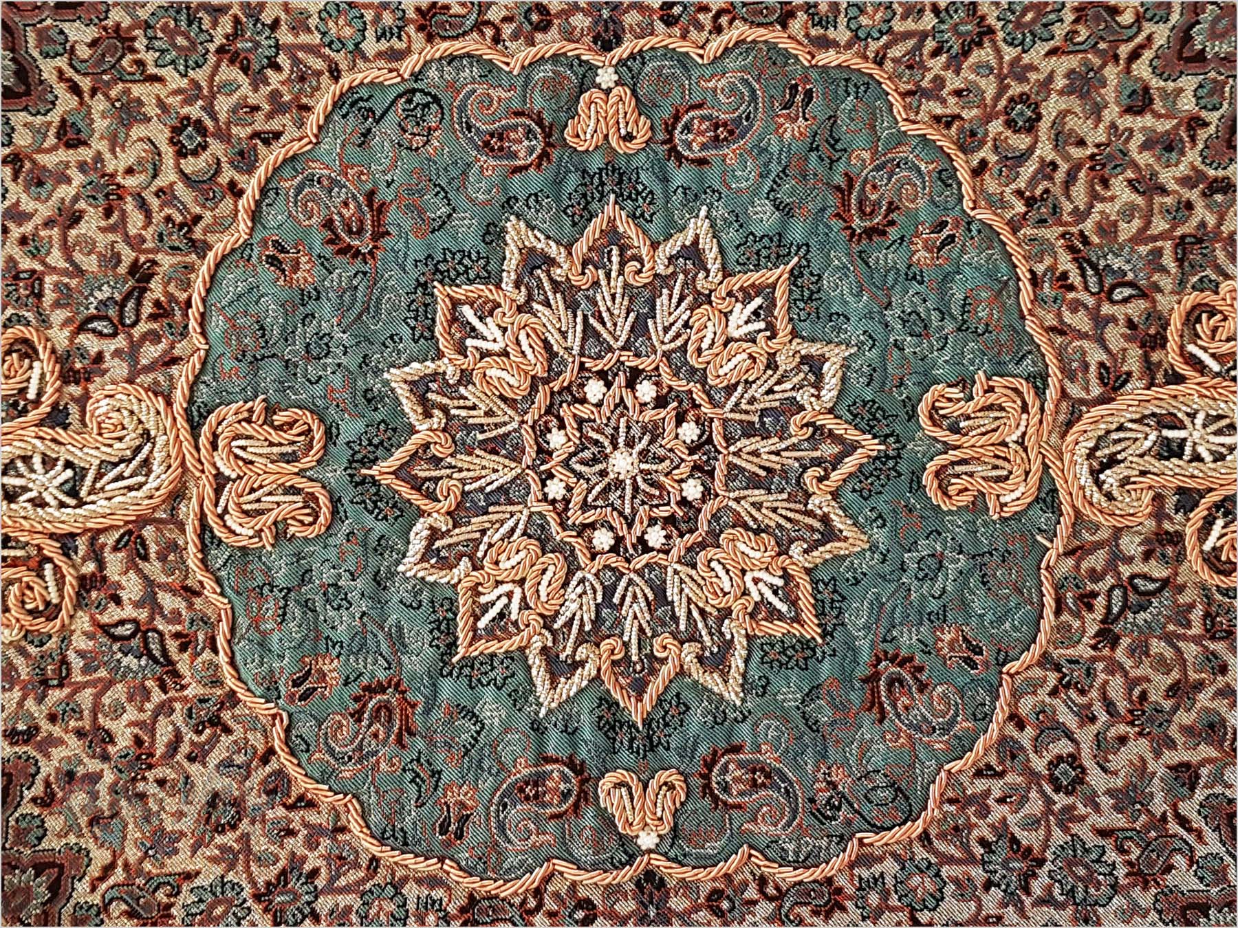 Craftestan's luxurious 3-set Termeh Tablecloth, featuring intricate Sermeh Dozi embroidery, Hashemi design, and Czech pearl accents on viscose silk.