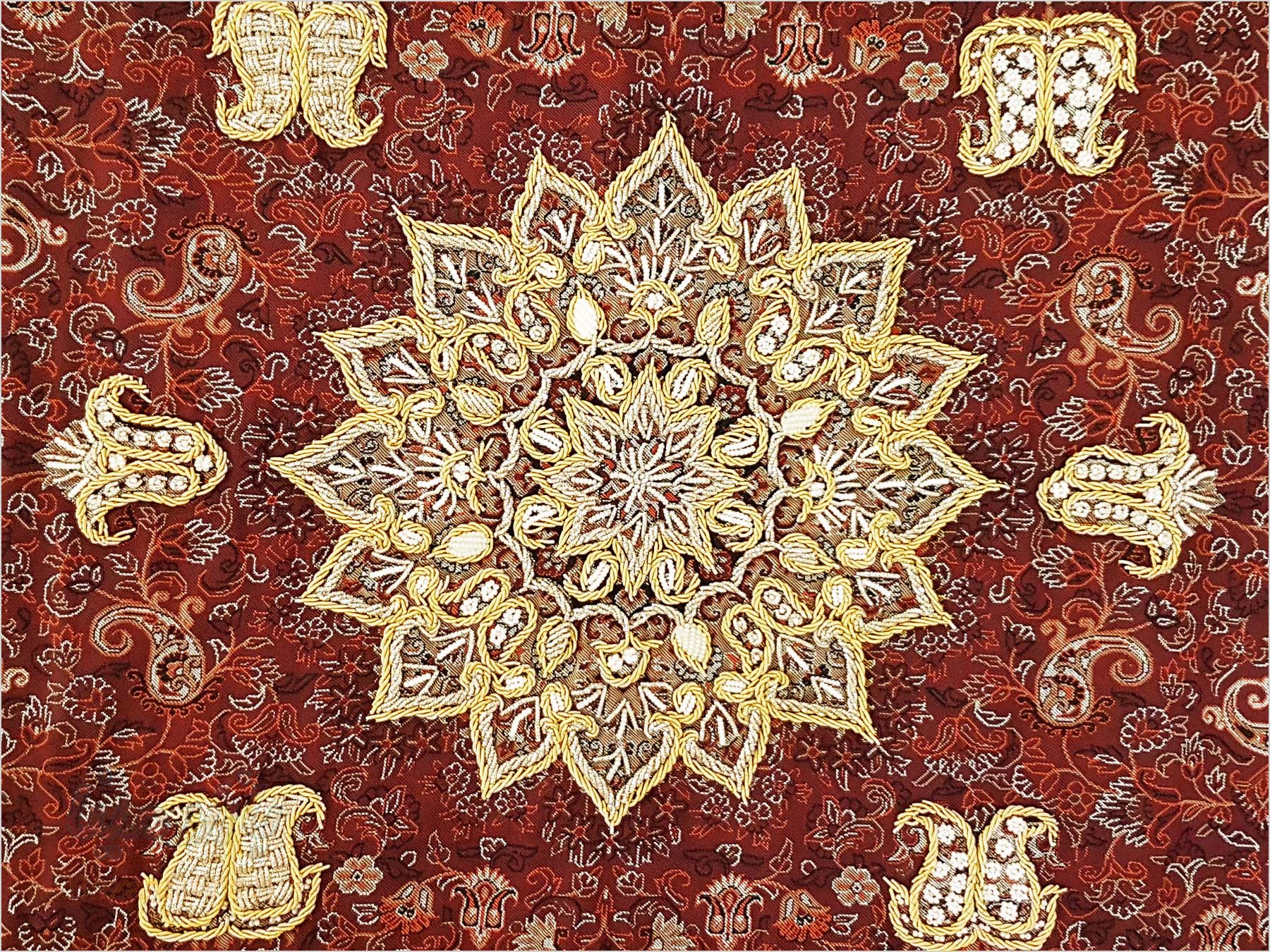 The luxurious Persian Termeh Runner Tablecloth by Craftestan, featuring intricate Sermeh Dozi embroidery and the traditional Hashemi design on rich crimson viscose silk.