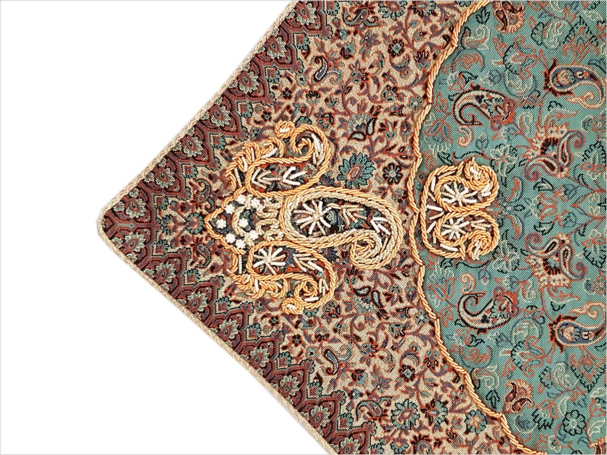 Craftestan's luxurious 3-set Termeh Tablecloth, featuring intricate Sermeh Dozi embroidery, Hashemi design, and Czech pearl accents on viscose silk.
