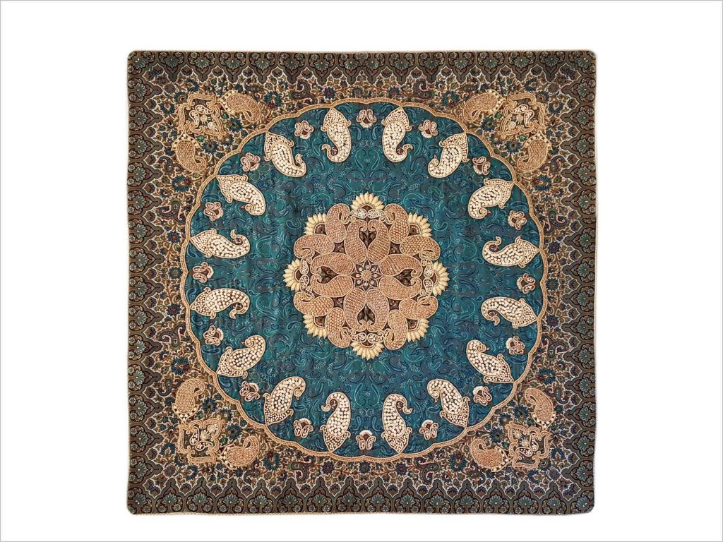 Craftestan's luxurious Termeh Persian Tablecloth, hand-embroidered in traditional Sermeh Dozi technique, featuring a vibrant Hashemi design, adorned with Czech pearls.