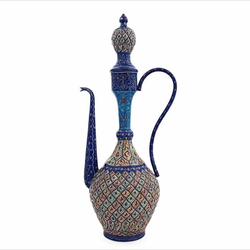 Hand-painted enamelled rosewater sprinkler from Isfahan, 36 cm tall, with detailed Arabesque motifs on copper.