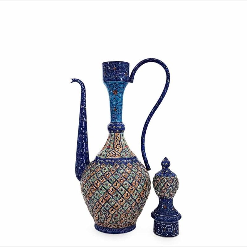 Hand-painted enamelled rosewater sprinkler from Isfahan, 36 cm tall, with detailed Arabesque motifs on copper.