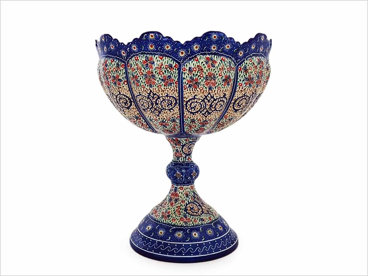 Handcrafted 18cm Floral Enamelled Pedestal Bowl with intricate Persian garden designs from Isfahan.