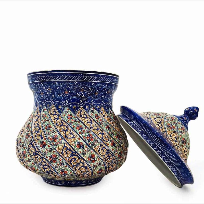 Premium copper enamelled candy jar adorned with Persian floral motifs, reflecting the artistry and cultural heritage of Isfahan.