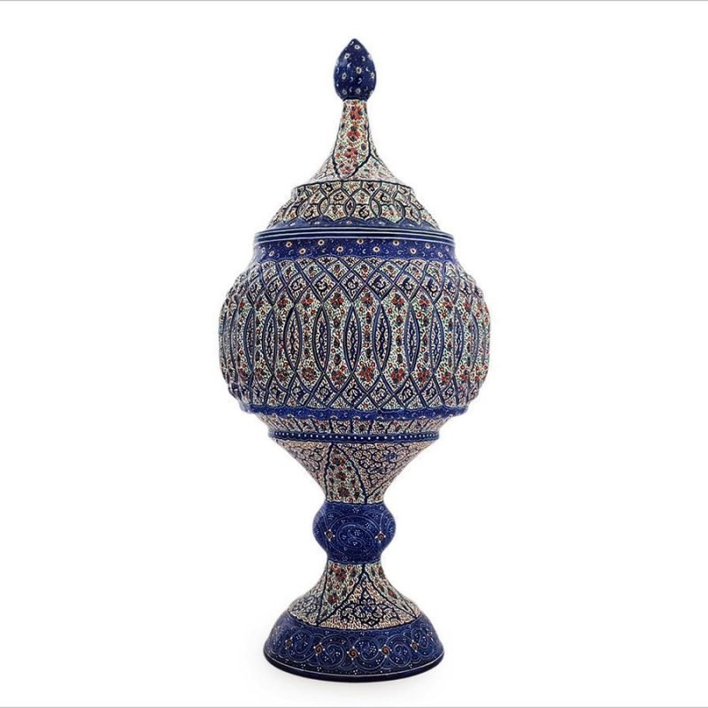 Exquisite Enamelled Sugar Bowl Pedestal with Arabesques motifs, crafted in Isfahan, showcasing a height of 30 cm and body diameter of 15 cm.