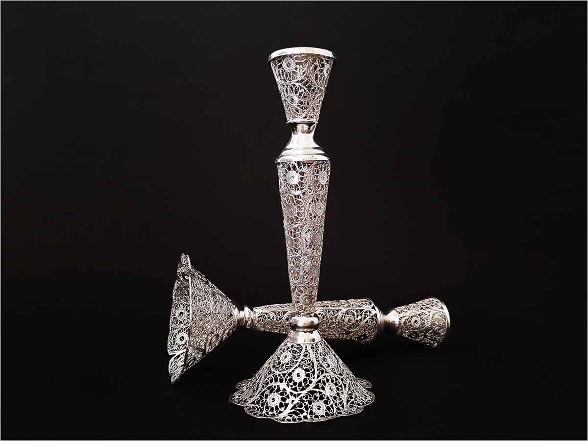 Silver-coated Persian Filigree Candlestick from Isfahan
