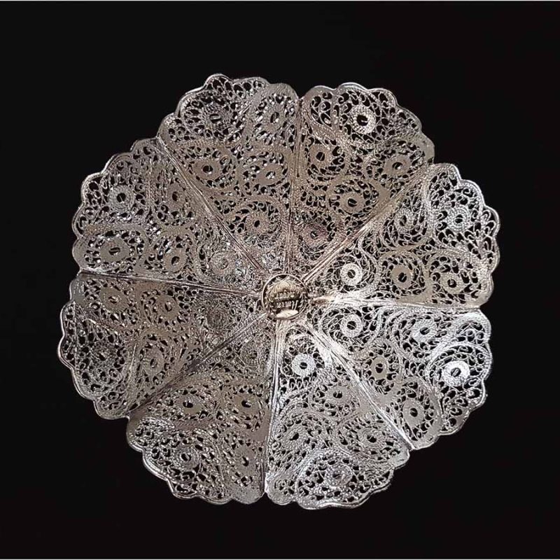 Craftestan's handcrafted filigree candy dish from Isfahan, gleaming in silver and copper
