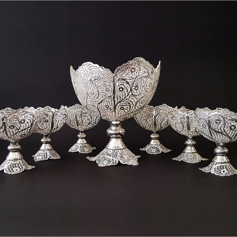 Silver-coated copper stem bowls with intricate Persian filigree designs, handcrafted in Isfahan