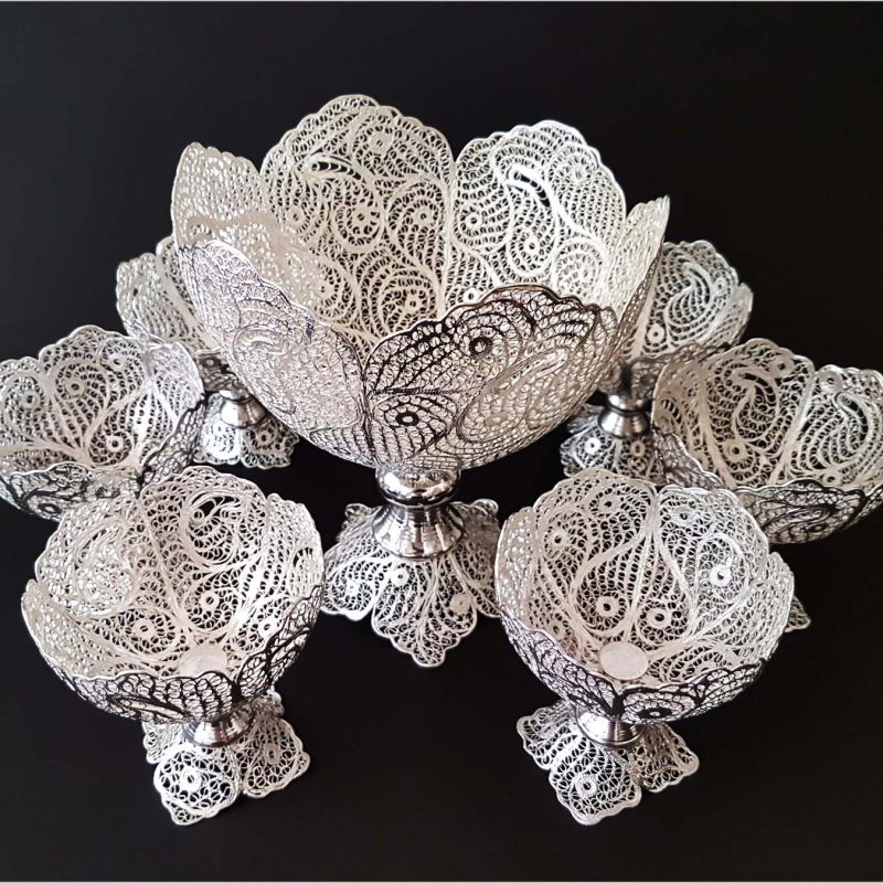 Silver-coated copper stem bowls with intricate Persian filigree designs, handcrafted in Isfahan