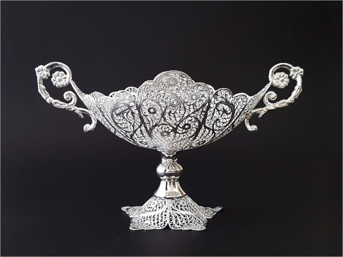Elegant silver-coated filigree fruit bowl by Craftestan, a celebration of Isfahani heritage