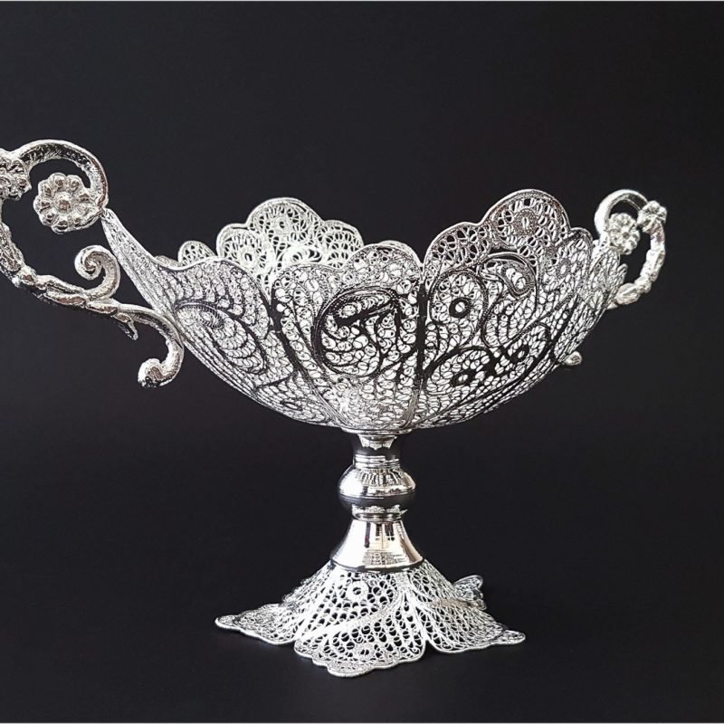 Elegant silver-coated filigree fruit bowl by Craftestan, a celebration of Isfahani heritage