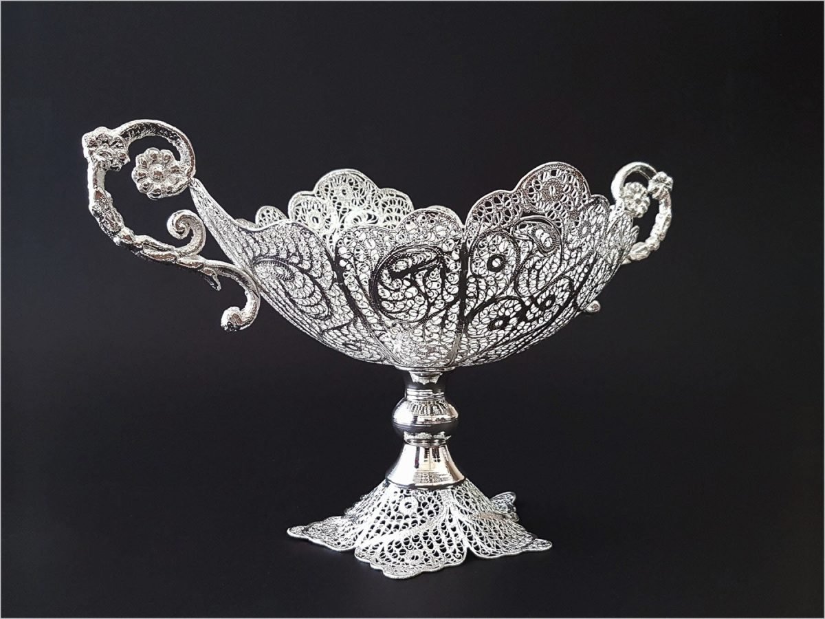 Elegant silver-coated filigree fruit bowl by Craftestan, a celebration of Isfahani heritage