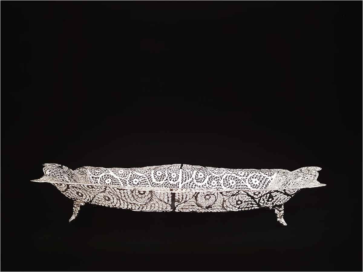 Craftestan's intricate silver-coated filigree tea tray from Isfahan