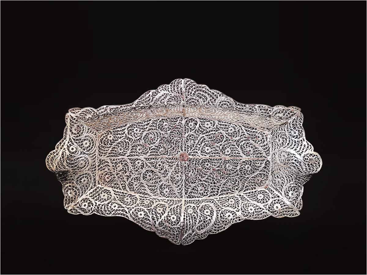 Craftestan's intricate silver-coated filigree tea tray from Isfahan