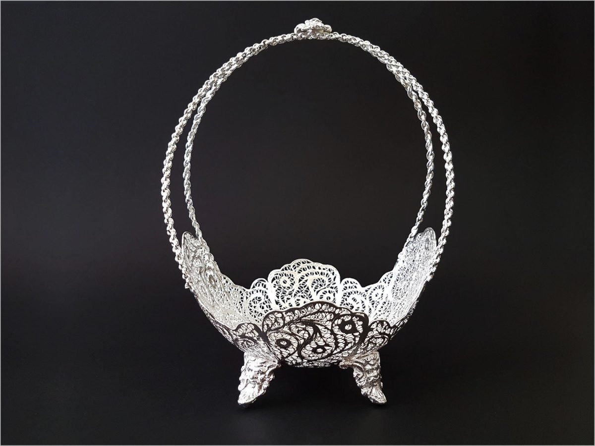 Silver-coated filigree candy dish with basket handle from Craftestan, epitomizing Isfahani artistry.