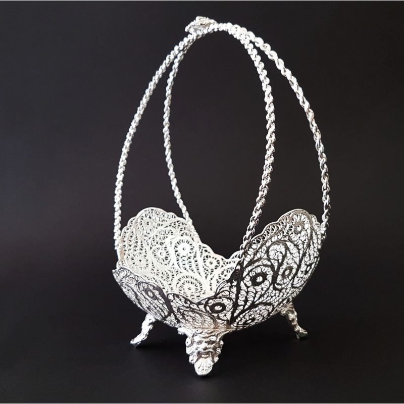 Silver-coated filigree candy dish with basket handle from Craftestan, epitomizing Isfahani artistry.