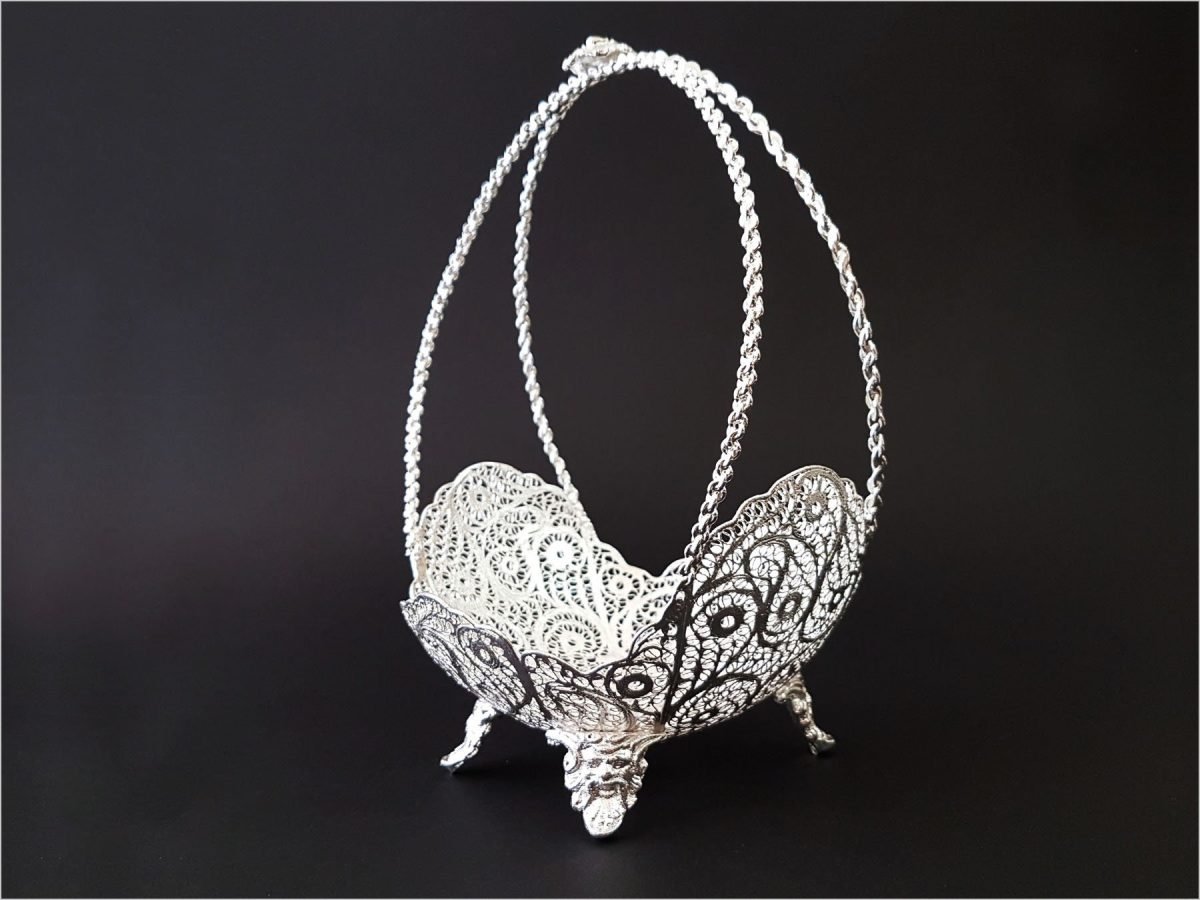 Silver-coated filigree candy dish with basket handle from Craftestan, epitomizing Isfahani artistry.