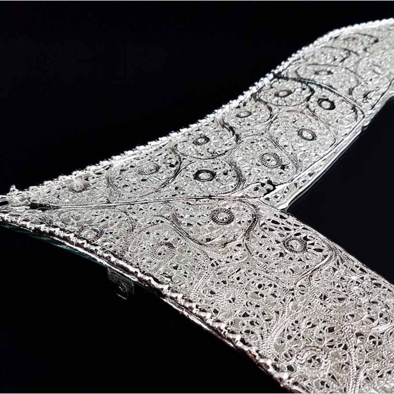 Handcrafted Persian filigree mirror with intricate silver-coated copper detailing from Isfahan.