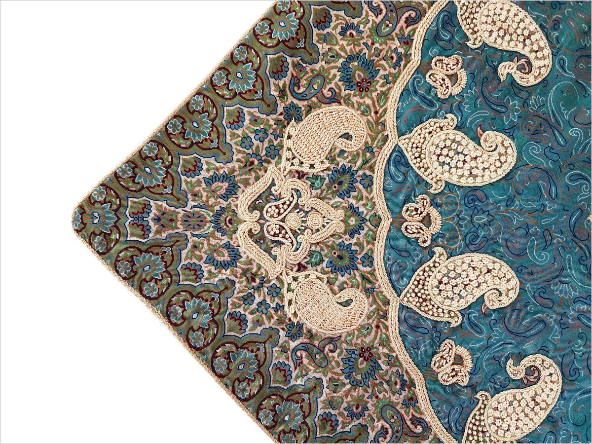 Craftestan's luxurious Termeh Persian Tablecloth, hand-embroidered in traditional Sermeh Dozi technique, featuring a vibrant Hashemi design, adorned with Czech pearls.