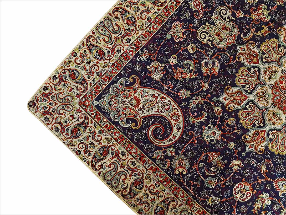 Termeh 5 Pieces Set featuring a square tablecloth, dining table runner, small table runner, and pair of placemats in black viscous silk with Hashemi designs.