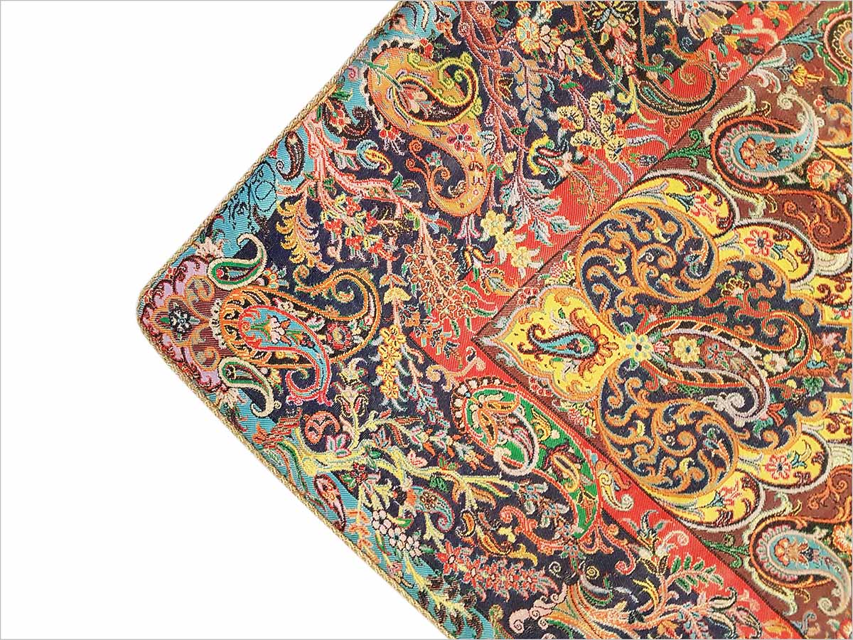 Luxurious Persian Termeh textile square tablecloth with intricate design, depicting the symbolism of the mythical Persian garden, in a stunning eight-colour silk thread composition.