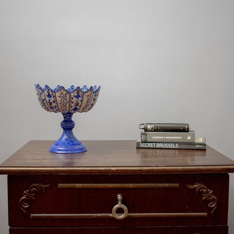 Persian Enamel (Minakari) Decorative Stem Bowl Is Made Of Copper, 18cm Height And It's In Dark Azure Colour. The Artwork Is Decorative With Iconic Persian Floral Pattern
