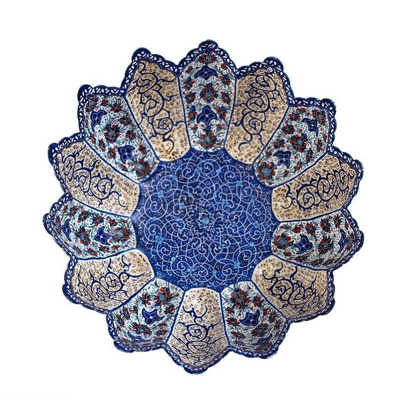 Persian Enamel (Minakari) Decorative Stem Bowl Is Made Of Copper, 18cm Height And It's In Dark Azure Colour. The Artwork Is Decorative With Iconic Persian Floral Pattern