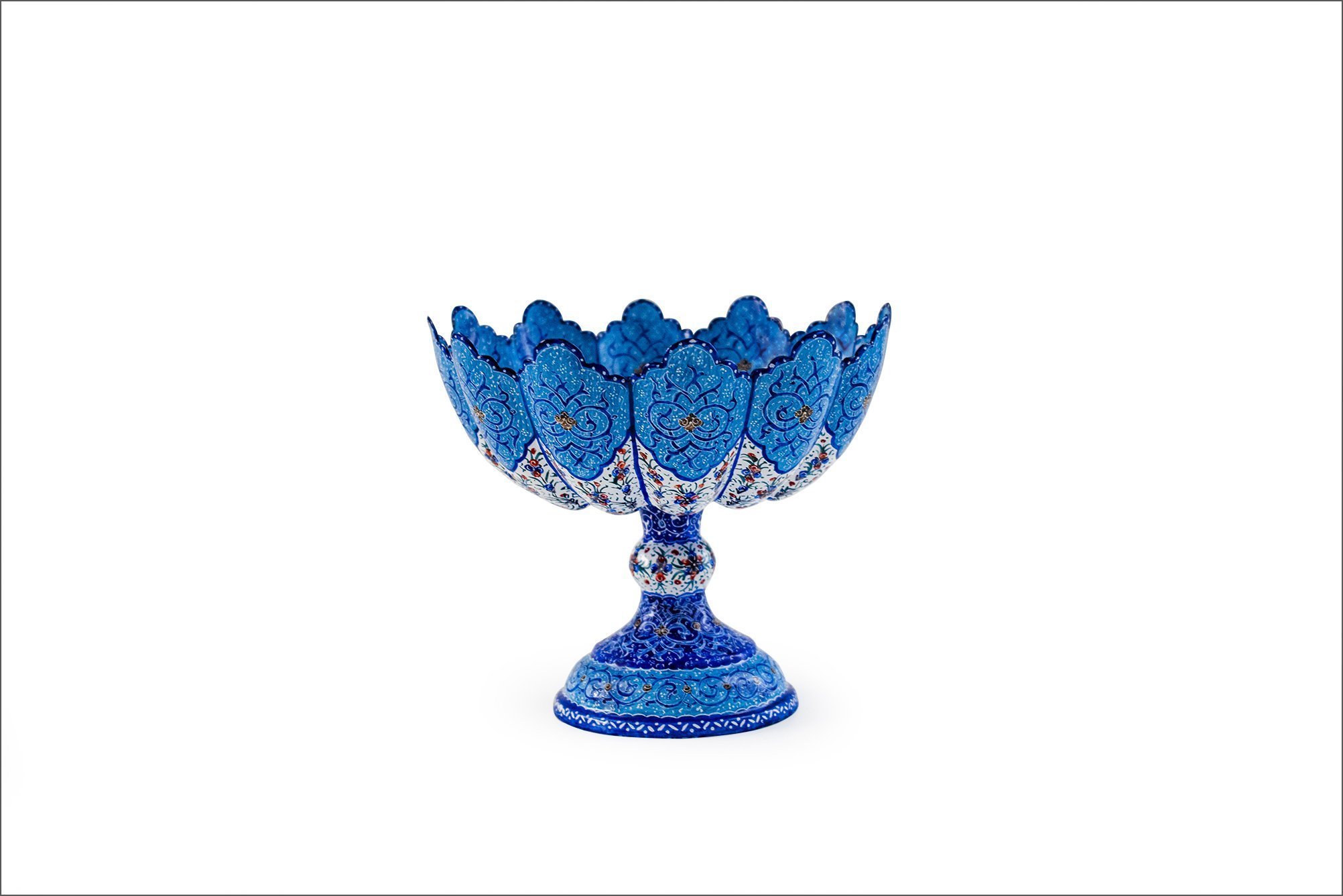 Persian Enamel (Minakari) Decorative Stem Bowl Is Made Of Copper, 14cm Height And It's In Bright Azure Colour. The Artwork Is Decorative With Iconic Persian Floral Pattern
