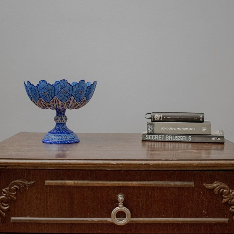 Persian Enamel (Minakari) Decorative Stem Bowl Is Made Of Copper, 14cm Height And It's In Bright Azure Colour. The Artwork Is Decorative With Iconic Persian Floral Pattern
