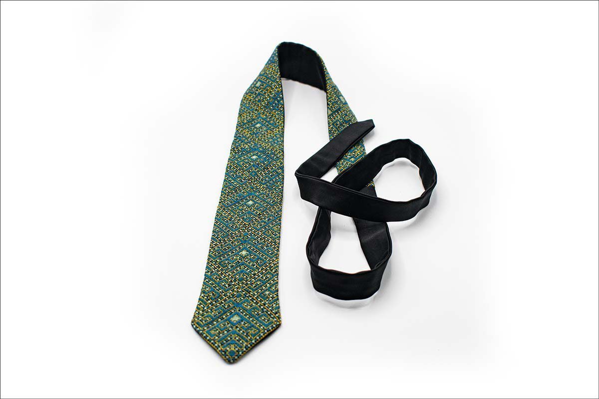 Hand-Embroidered Persian Tie - Azure Geometric Labyrinth Design - Elevate Your Style