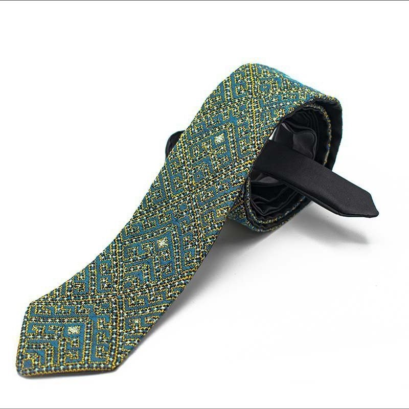 Hand-Embroidered Persian Tie - Azure Geometric Labyrinth Design - Elevate Your Style