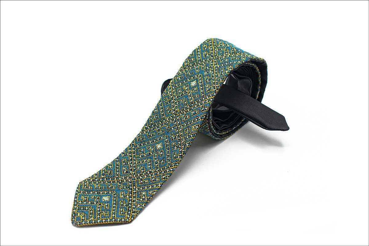 Hand-Embroidered Persian Tie - Azure Geometric Labyrinth Design - Elevate Your Style