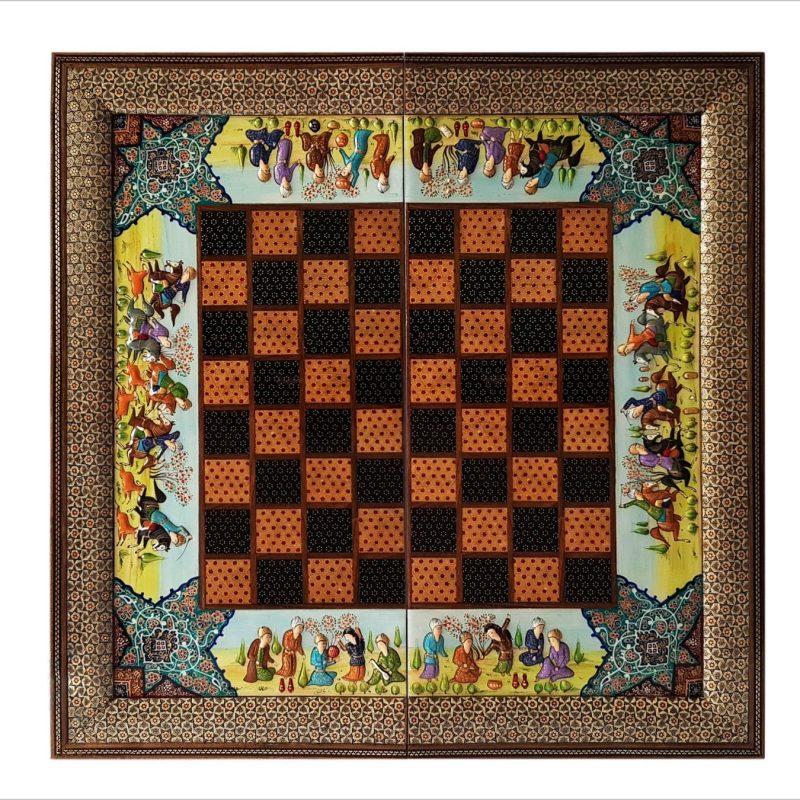 This exquisite Persian marquetry backgammon is a true work of art. Measuring 50 cm in length and width, it boasts a rich combination of brown, gold, and black tones. The intricate oriental geometric pattern adds to its sophisticated charm, making it not only a functional game board, but also a stunning decorative piece